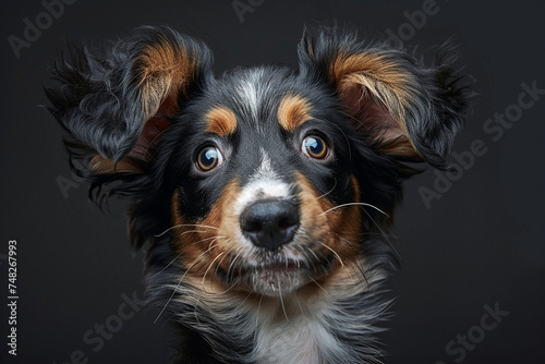 Playful Australian Shepherd puppy with one ear flopped down, exuding charm and energy, photographed with a Tamron lens for crisp details. © Adnan's Stock 