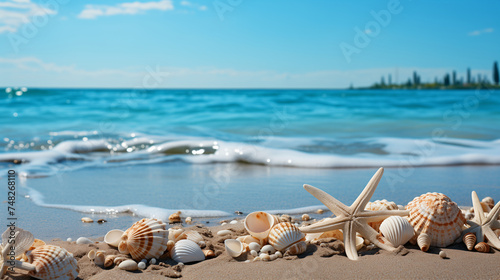 Beach Retreat Backdrop Clean Shoreline with Starfish and Shells for Advertisements , Vacation Travel Holiday Banner