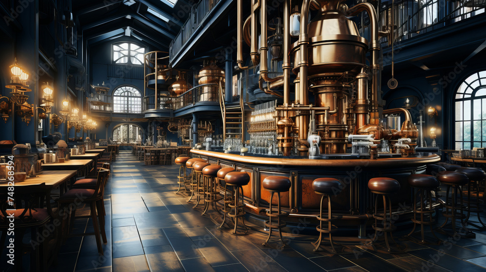 Brewery Interior Scene: Traditional brewery with copper tanks for brewing beer with an integrated bar on its territory.