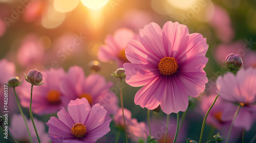 A cosmos flower face to sunrise in field