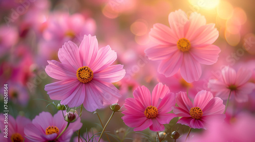 A cosmos flower face to sunrise in field