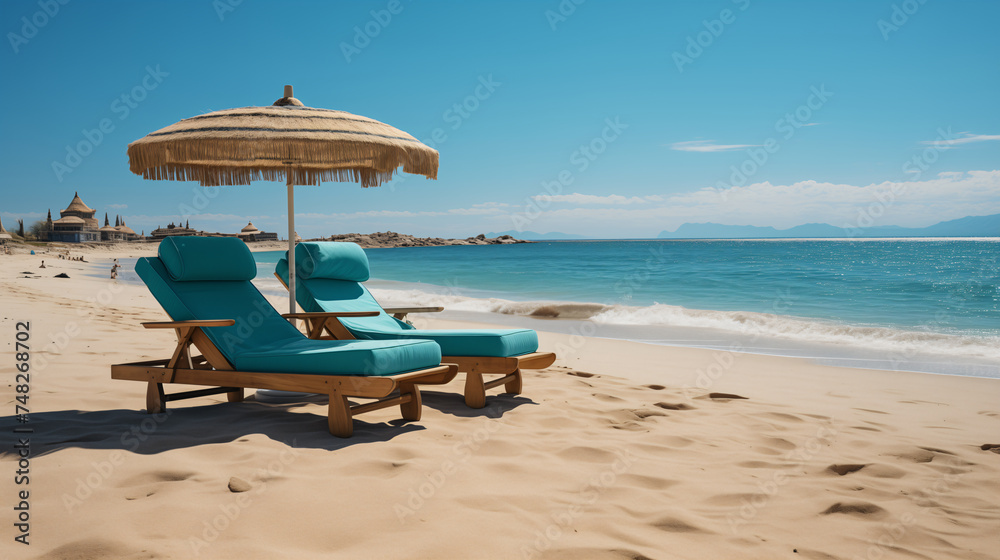 Beach Vacation Paradise Relaxing Seaside Scene with Umbrellas and Lounge Chairs , Vacation Travel Holiday Banner