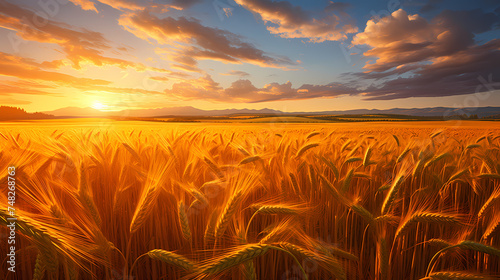 Wheat field in the sun close-up during harvest season