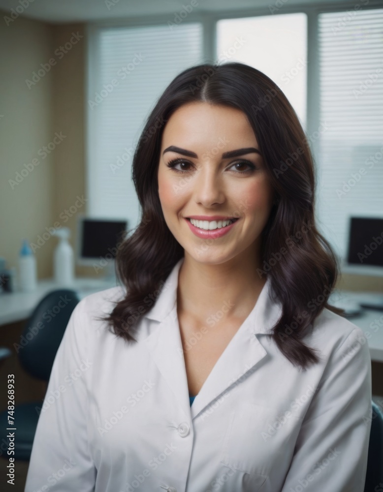 A beautiful smiling brunette dentist woman standing inside a dentist practice. Perfect smile ad.