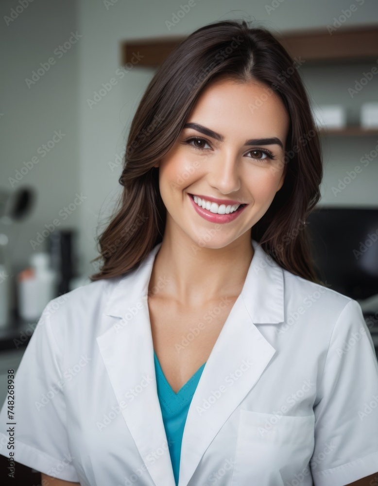 A beautiful smiling brunette dentist woman standing inside a dentist practice. Perfect smile ad. A beautiful smiling brunette dentist woman standing inside a dentist practice. Perfect smile ad.