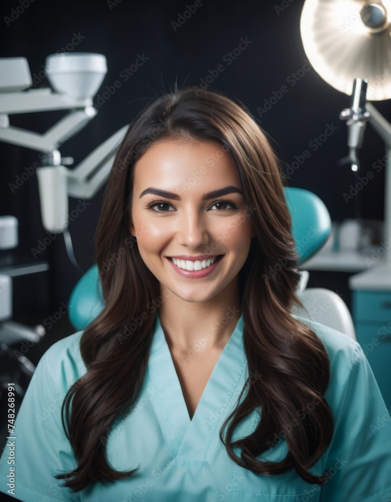 Fototapeta premium A beautiful smiling brunette dentist woman standing inside a dentist practice. Perfect smile ad.