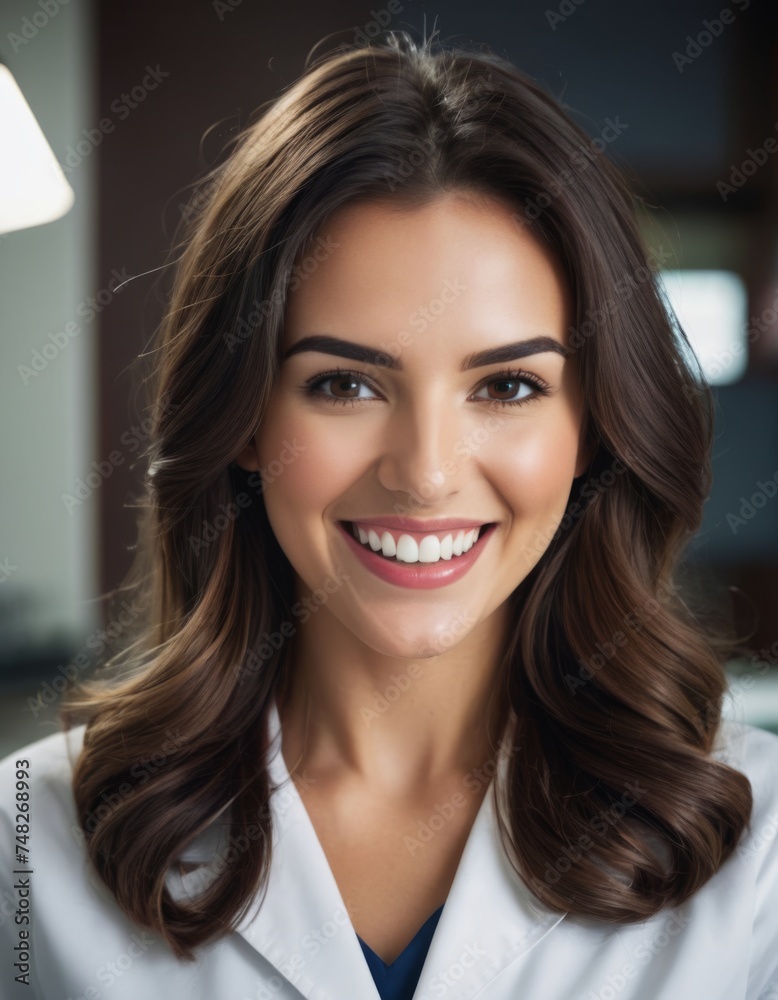 A beautiful smiling brunette dentist woman standing inside a dentist practice. Perfect smile ad. A beautiful smiling brunette dentist woman standing inside a dentist practice. Perfect smile ad.