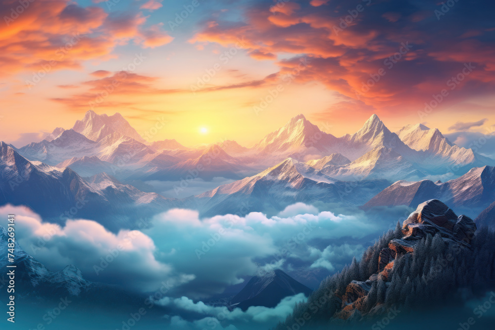 Mountain Sunrise Elegance, Light Bronze and Azure Hues