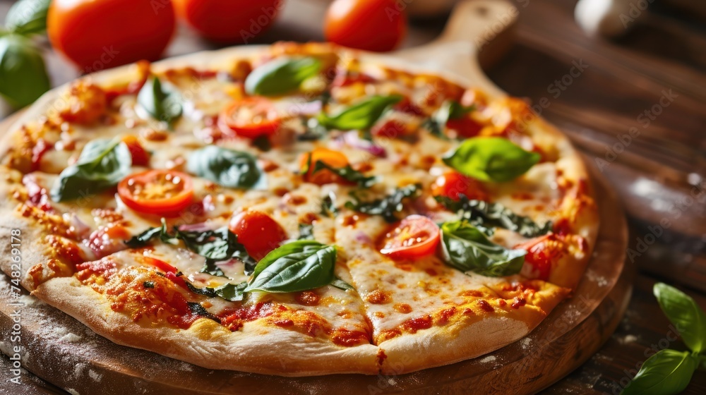a pizza with tomatoes and basil on a wooden board a pizza with tomatoes and basil on a wooden board