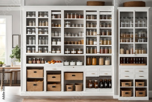 spices , Step into the realm of organization and efficiency with a view of a kitchen pantry storage room meticulously arranged with food containers and glass jars neatly stacked on shelves and racked 