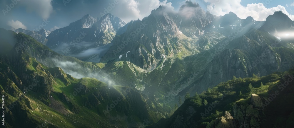 A painting showcasing the grandeur of the Tatra Mountains with a range of peaks stretching into the distance under a moody sky full of clouds. The rugged terrain contrasts with the softness of the
