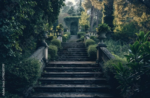 a stone stairs with plants and trees