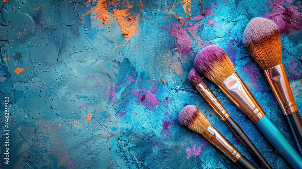 Fototapeta premium Colorful Makeup Brushes: Vibrant Beauty Tools on Bright Background
