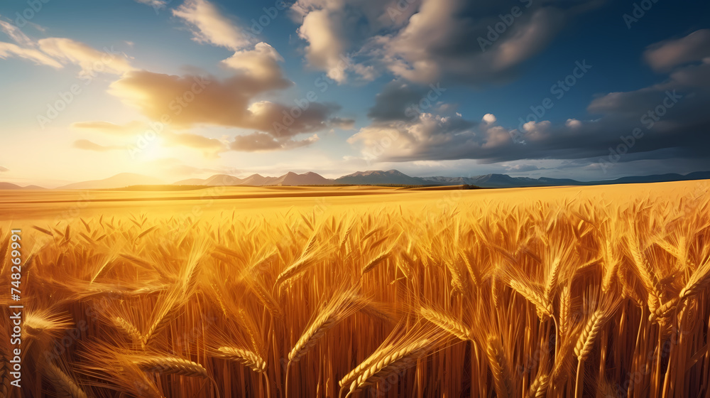 Wheat field in the sun close-up during harvest season