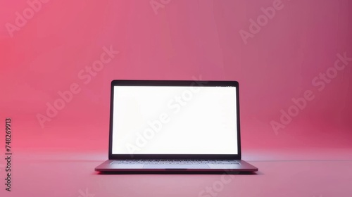 A blank laptop screen on a pink isolated background.