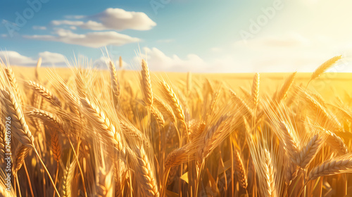 Wheat field in the sun close-up during harvest season