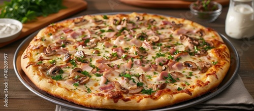 A freshly baked pizza with mozzarella, ham, chiffonade, and sliced mushrooms is resting on a metal pan on a wooden table.