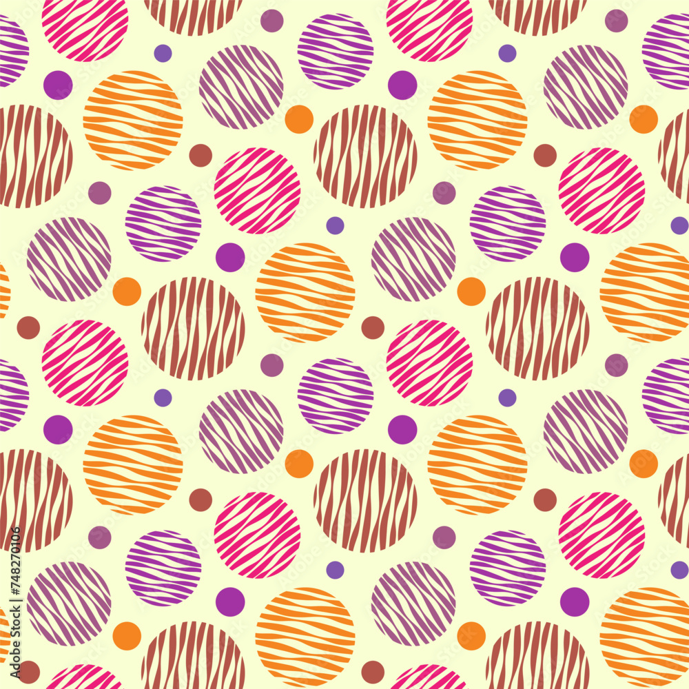 Small bright colorful multi-colored striped balls and circles isolated on a yellow background. Cute seamless pattern. Vector simple flat graphic illustration. Texture.