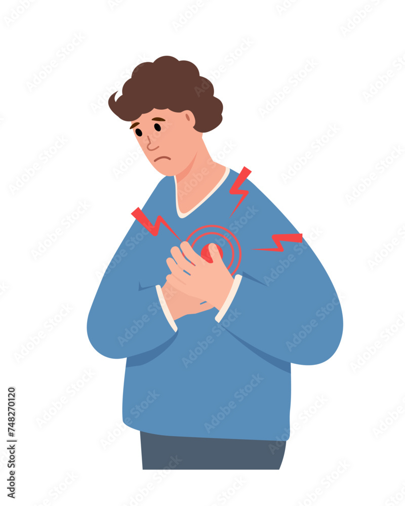 Young man suffering from chest pain. Heartache, heart attack symptoms, Healthcare, disease concept vector illustration isolated on white background. Young man suffering from chest pain. Heartache, heart attack symptoms, Healthcare, disease concept vector illustration isolated on white background.