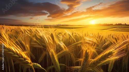 Wheat field in the sun close-up during harvest season