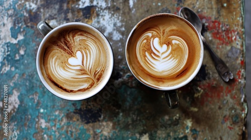 two cups of coffee with a heart design in the foam photo