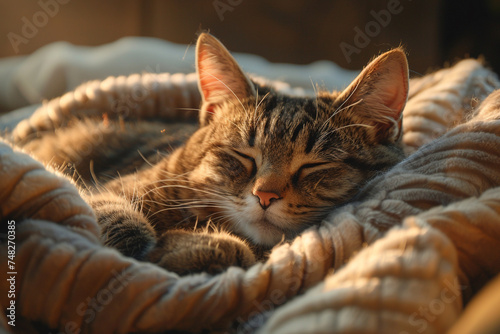 Sleepy-eyed tabby cat nestled in a sunbeam, capturing the warmth of a lazy afternoon, photographed with a Canon EOS for natural hues.
