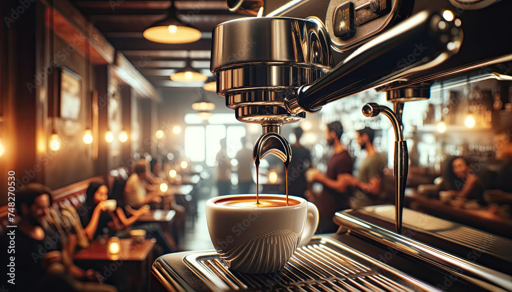 close-up image of a professional espresso machine with coffee pouring into a white cup. espresso coffee machine brewing fresh hot coffee - obrazy, fototapety, plakaty 