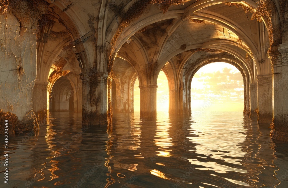 a water with columns and sunlight