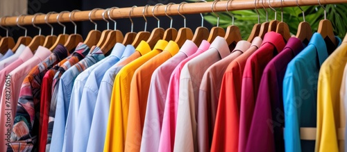 A rack filled with bright and colorful cotton shirts hanging neatly on a wooden rail, showcasing the variety of fashion choices available in a boutique shop.