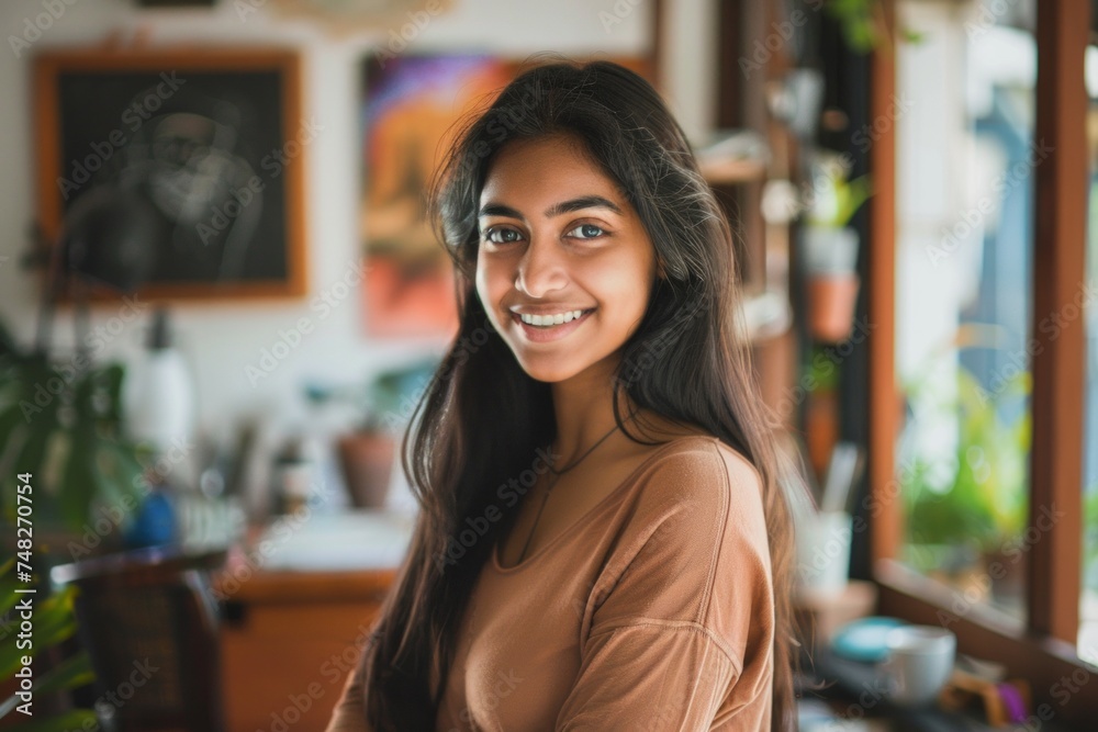 Cheerful Indian girl standing at home office looking at camera Cheerful Indian girl standing at home office looking at camera
