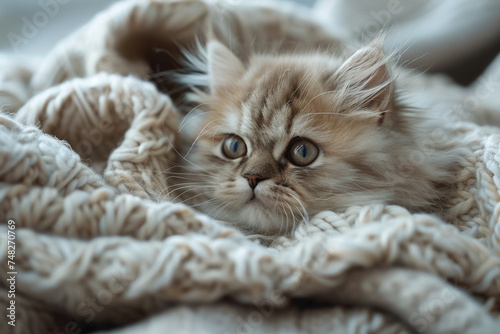 Snuggly Persian kitten curled up in a cozy blanket, photographed with a Panasonic Lumix camera to emphasize its luxurious fur. © Adnan's Stock 