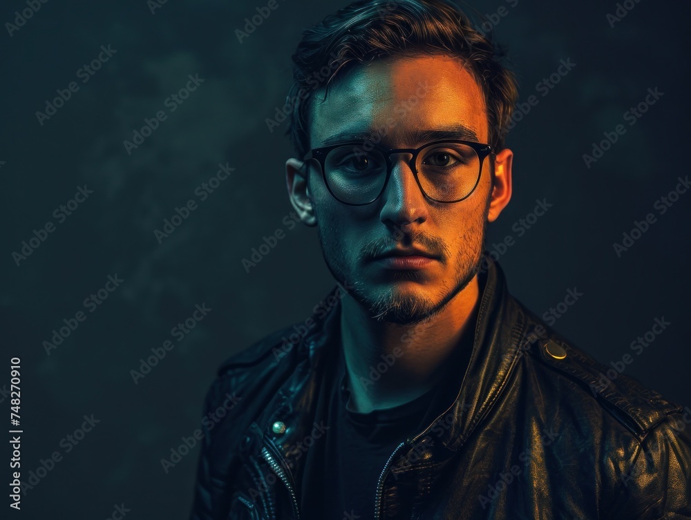 a man wearing glasses and a leather jacket a man wearing glasses and a leather jacket