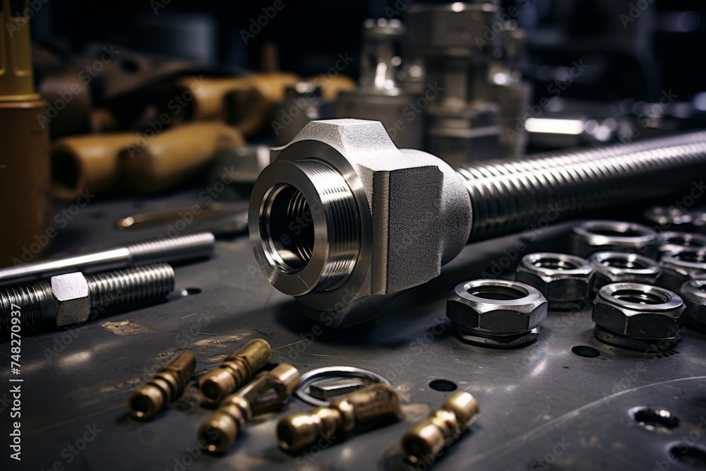 Naklejka premium Detailed shot of a steel nut on an old-fashioned industrial workbench with tools scattered around