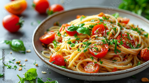Delicious plate of fresh Italian spaghetti with tomato sauce and basil.