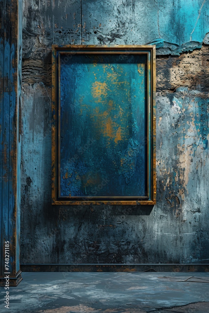 a blue and gold frame on a wall a blue and gold frame on a wall