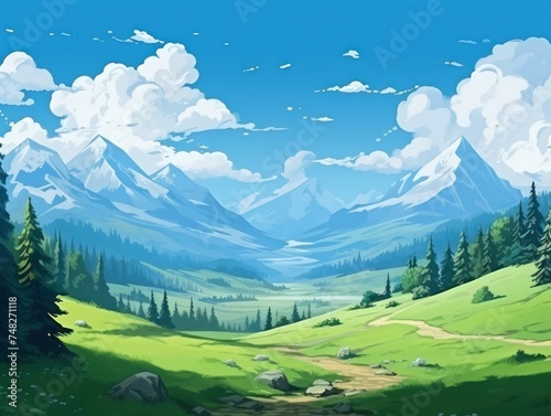 a landscape with mountains and trees