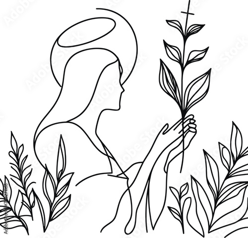 Jesus, mary in continuous line drawing, minimalist, simplicity contour, christian pray, 