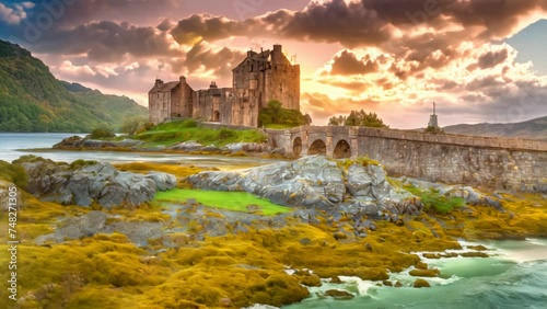 Sunset hues embrace Eilean Donan Castle in Dornie, Kyle of Lochalsh, Scotland, making it the most sought-after fortress, perched on an island where three sea lochs converge. TIME-LAPSE photo