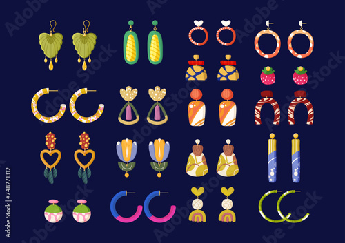 Set of abstract clay earrings. Collection of earrings in boho style. Woman Minimalist Geometric jewelry. Vector illustration of fashion accessories isolated on dark background