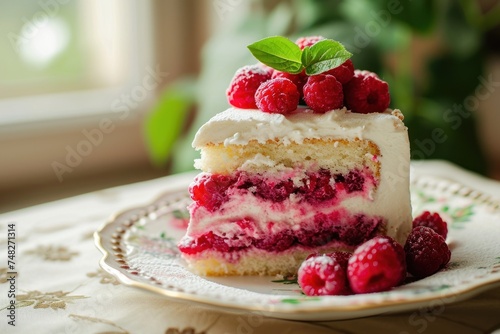 a piece of cake with raspberries on top