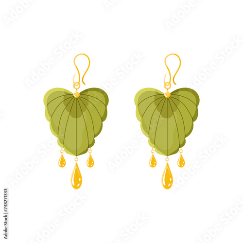 Modern Leaf earring with golden drops. Boho girl woman accessory jewelry. Bijouterie vector illustration isolated on white background