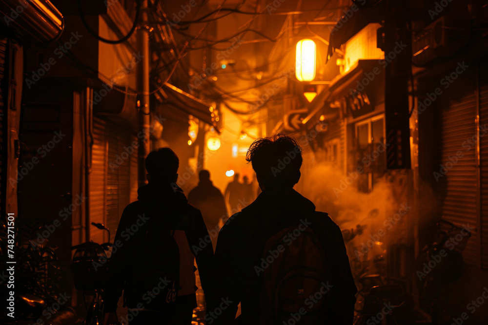 Mysterious silhouettes walking through a foggy, dimly lit alley at night. Urban exploration in a haunting, atmospheric setting