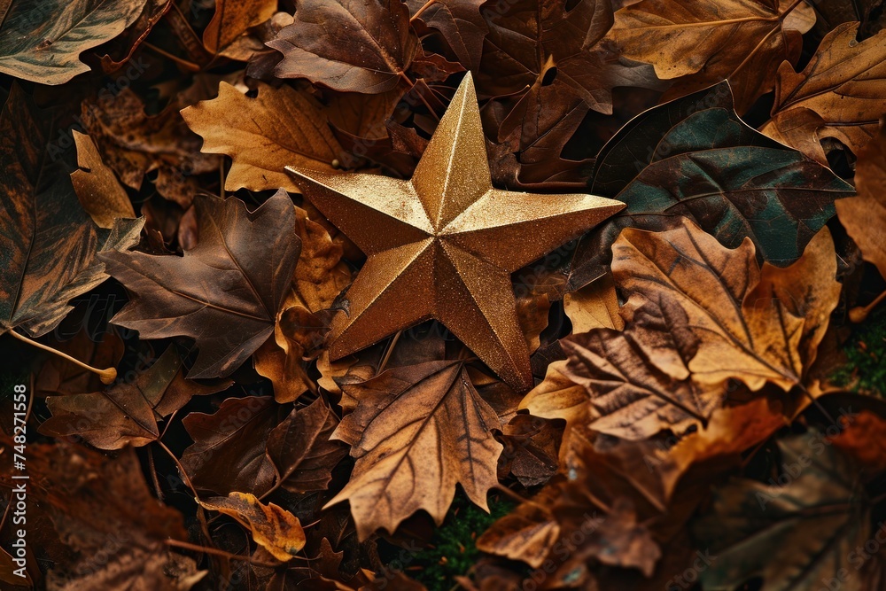 a gold star on a pile of brown leaves