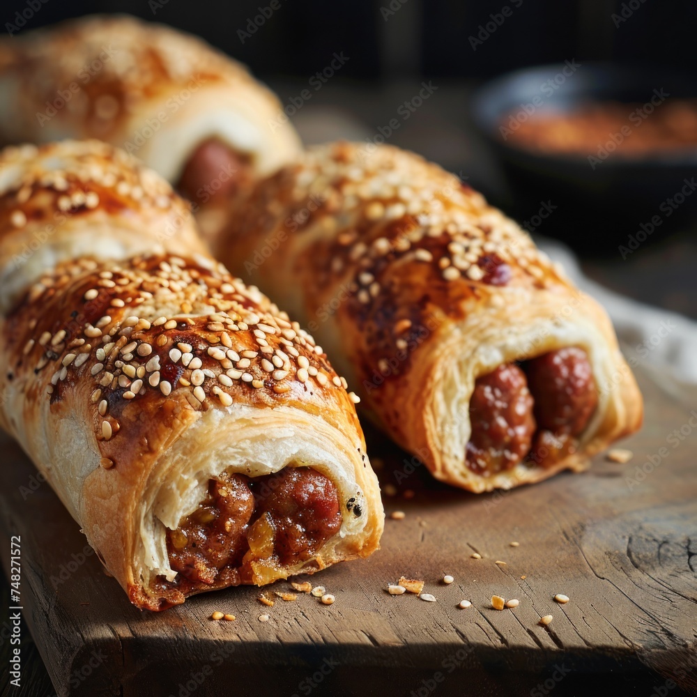 a sausage rolls on a wooden board