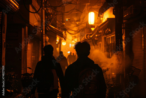 Mysterious silhouettes walking through a foggy, dimly lit alley at night. Urban exploration in a haunting, atmospheric setting