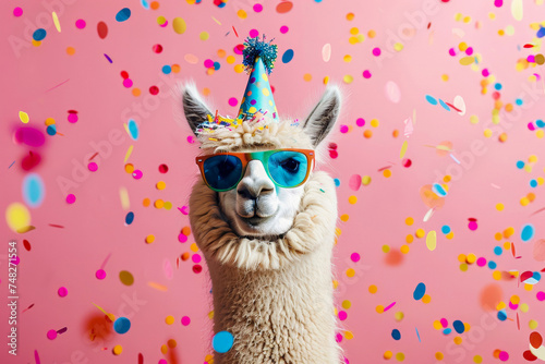 Party Time! A cheerful llama wearing sunglasses and a party hat amid flying confetti. Celebratory vibes with a quirky twist against a pink background