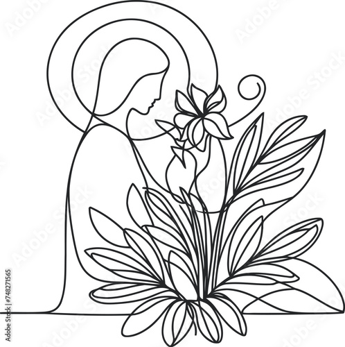 Jesus, mary in continuous line drawing, minimalist, simplicity contour, christian pray, 