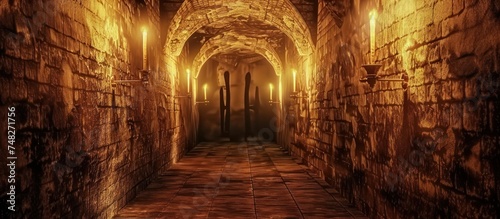 medieval catacombs with torches photo