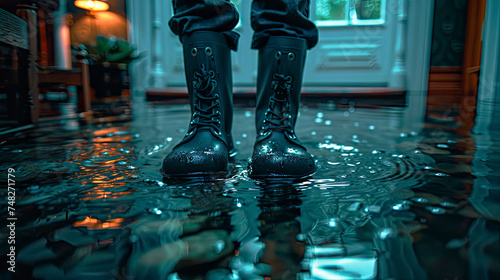 Close-up of a man's feet in rubber boots standing in Flooded Floor From Water Leak