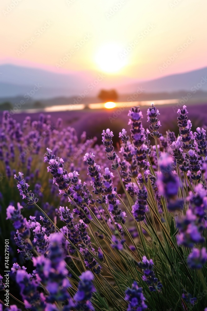 Naklejka premium a field of lavender with the sun setting behind it
